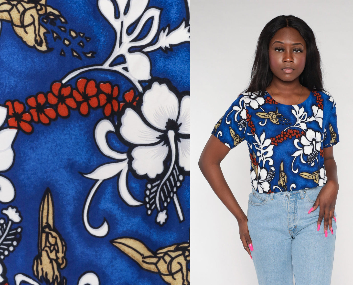 Y2K Hawaiian Crop Top Blue Tropical Floral Surfer Print Small S