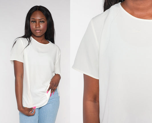 80s White Short Sleeve Blouse Keyhole Back Button Large L