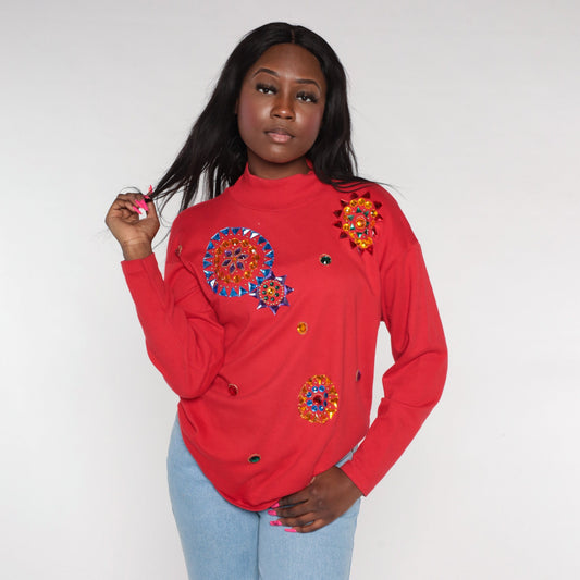 90s Red Rhinestone Mandala Long Sleeve T-Shirt Crystal Bedazzled Top Small