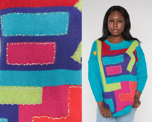90s Geometric Beaded Sweater Turquoise Blue Abstract Knit Pullover XXL