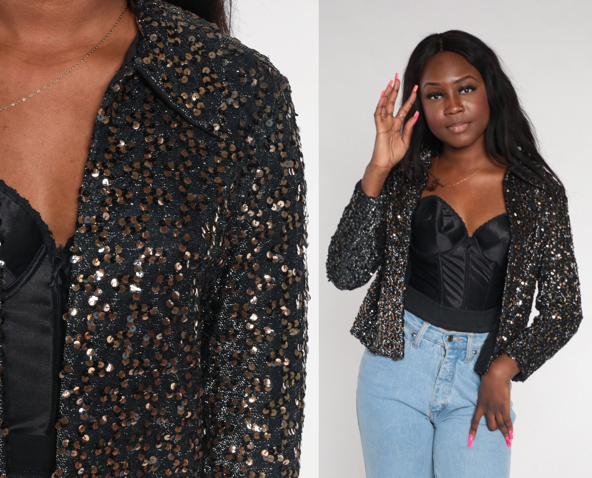 80s Black Bronze Sequin Blazer Open Front Collared Jacket Small S