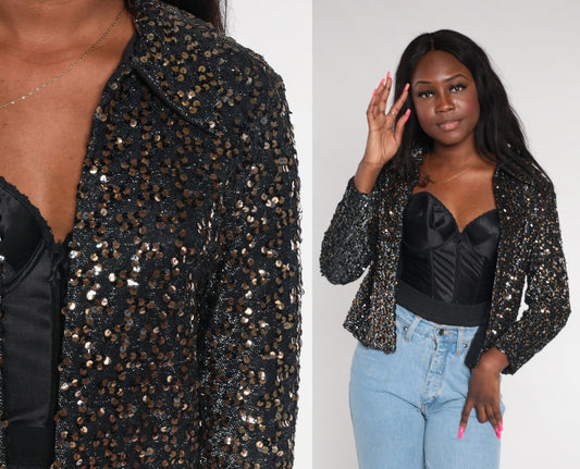 80s Black Bronze Sequin Blazer Open Front Collared Jacket Small S