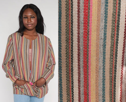 90s Striped Wool Blend Blazer Open Front Jacket Multicolor Large