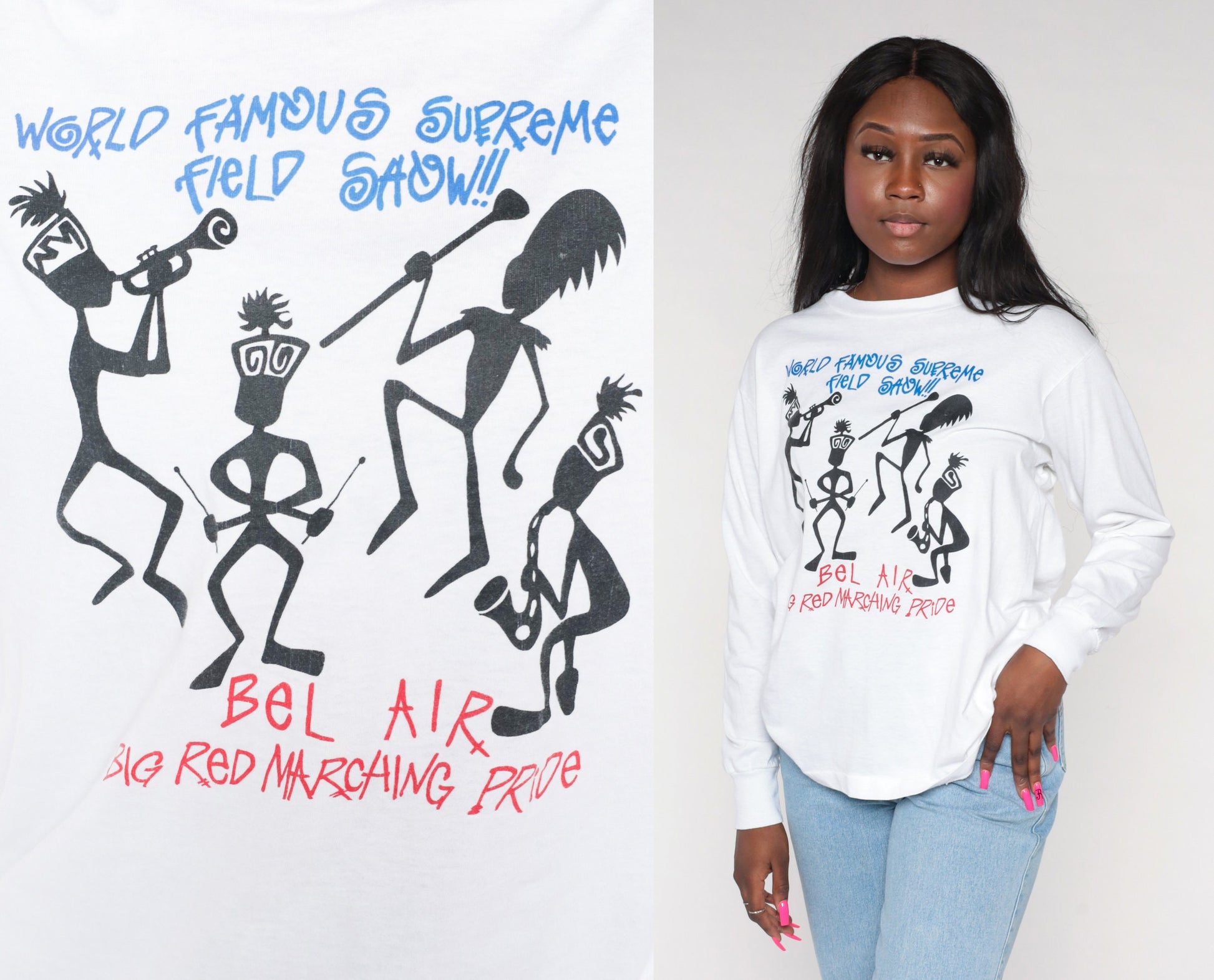 90s Bel Air Marching Band Long Sleeve Graphic Tee White Medium