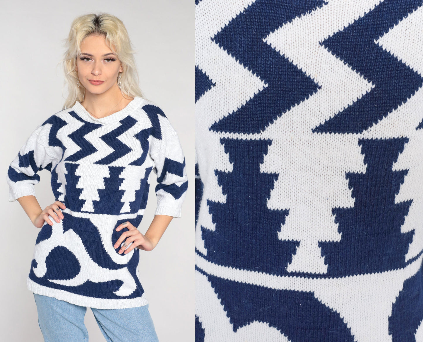 90s White Knit Sweater Navy Abstract Geometric Zig Zag Print 3/4 Sleeve Medium