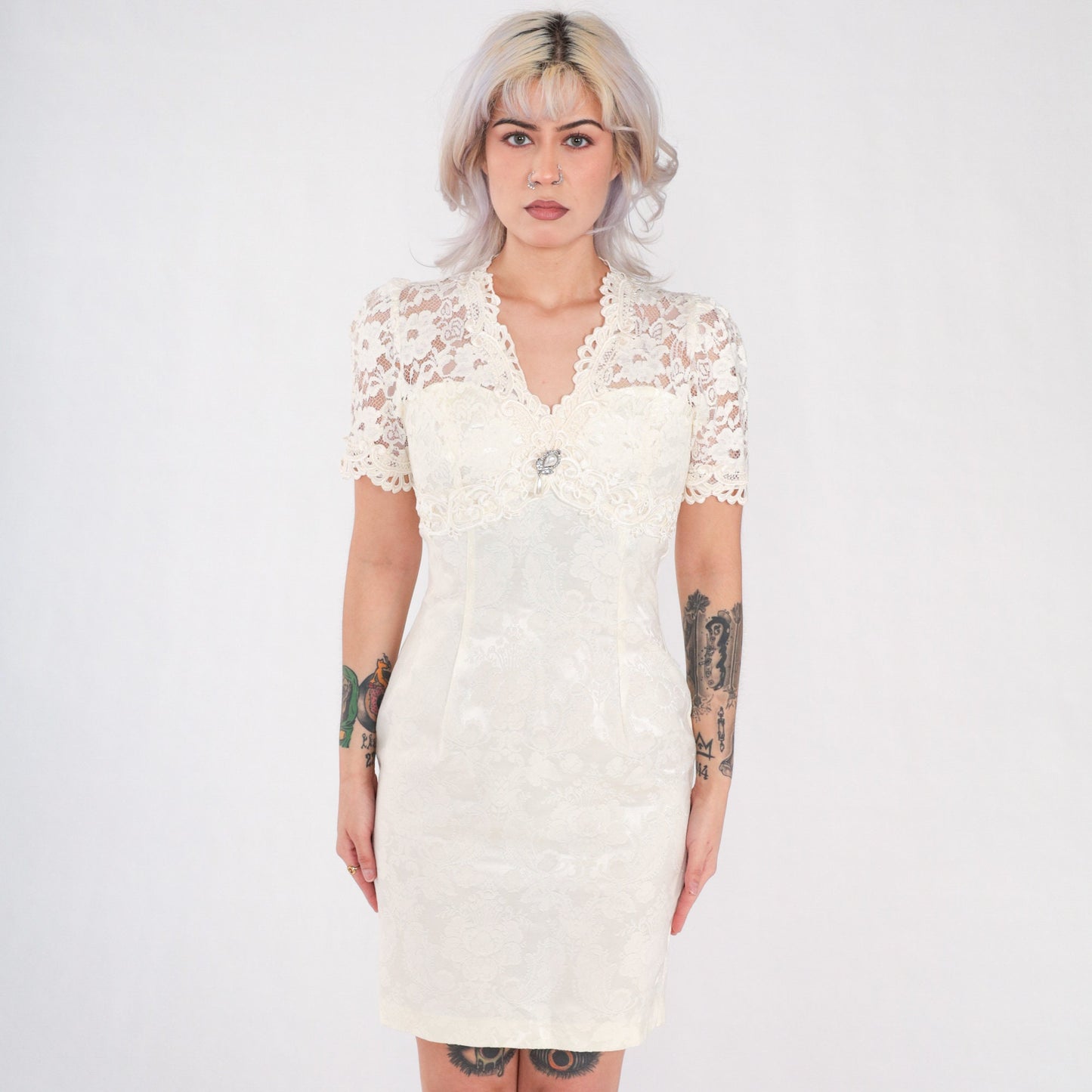 90s Scott McClintock Off-White Brocade Lace Mini Dress Short Sleeve Extra Small