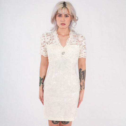 90s Scott McClintock Off-White Brocade Lace Mini Dress Short Sleeve Extra Small