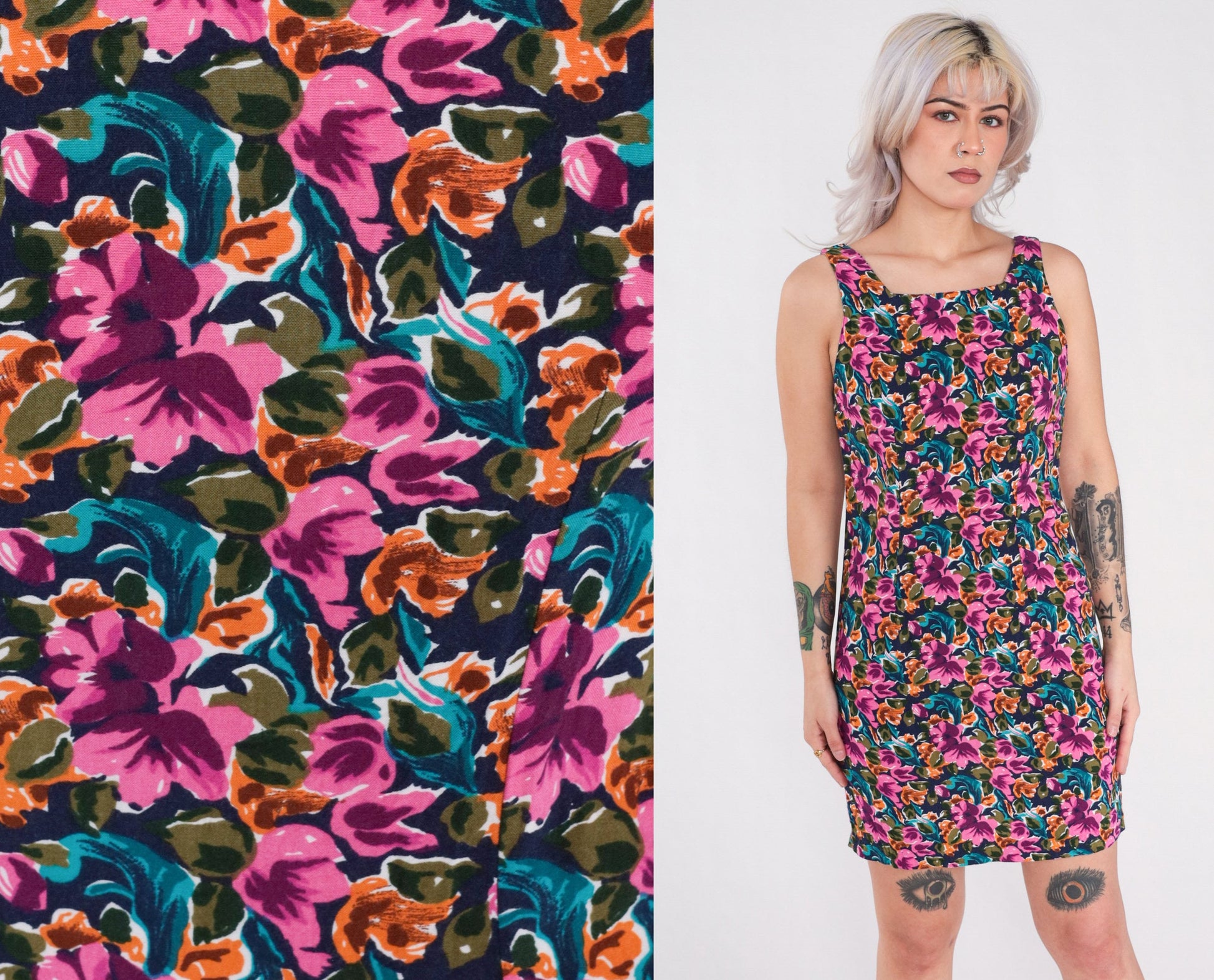 90s Floral Rayon Mini Dress Multicolored Sleeveless Sheath Small S