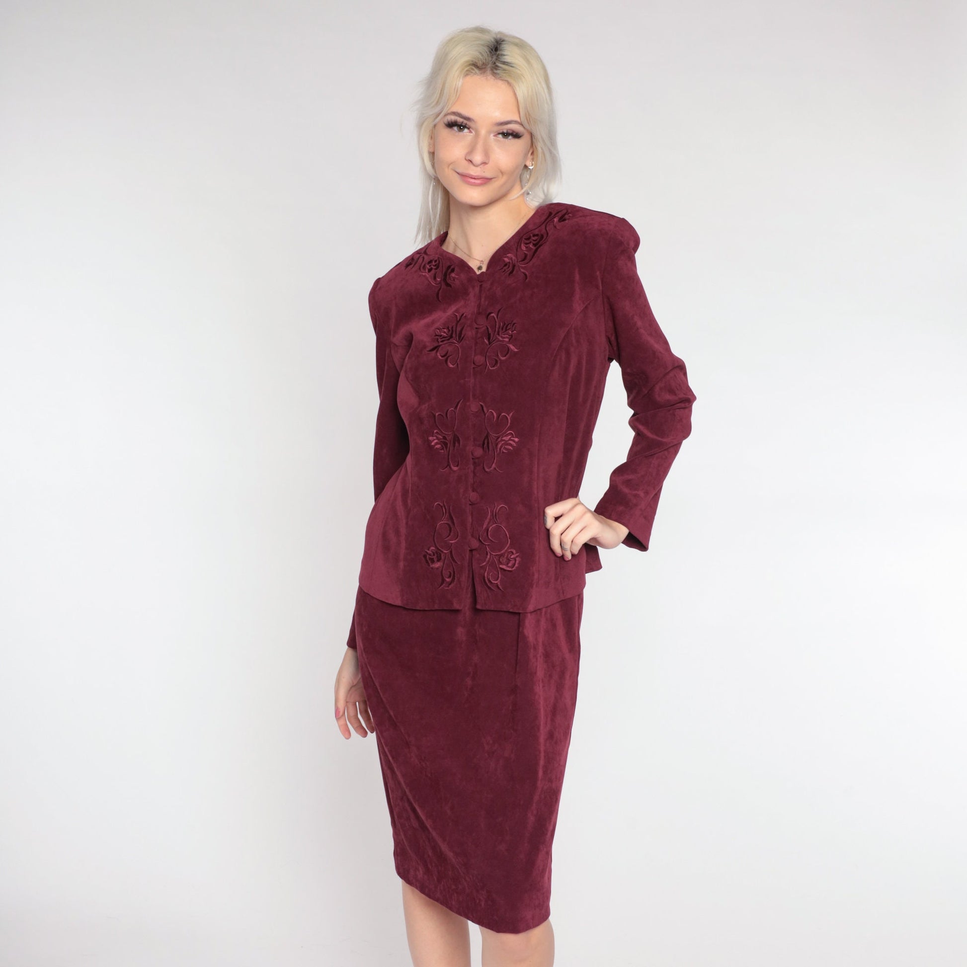 90s Karin Stevens Burgundy Floral Embroidered Midi Dress Long Sleeve Medium