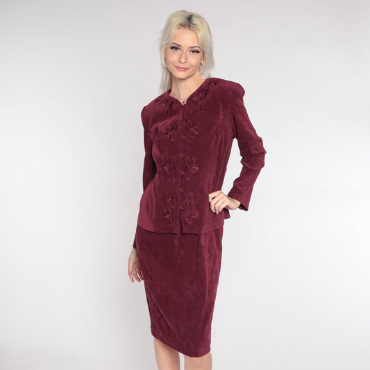90s Karin Stevens Burgundy Floral Embroidered Midi Dress Long Sleeve Medium