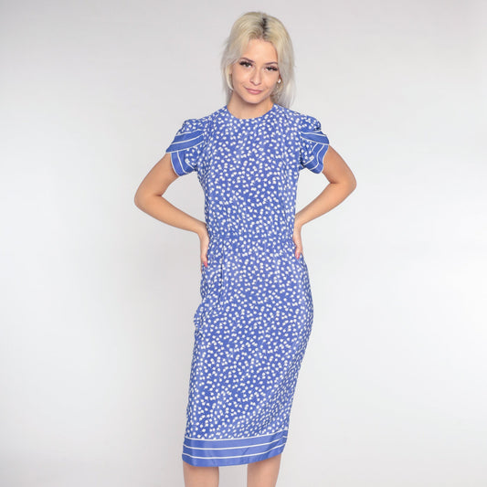 80s Purple Floral Midi Dress Tulip Puff Sleeve High Waist Extra Small