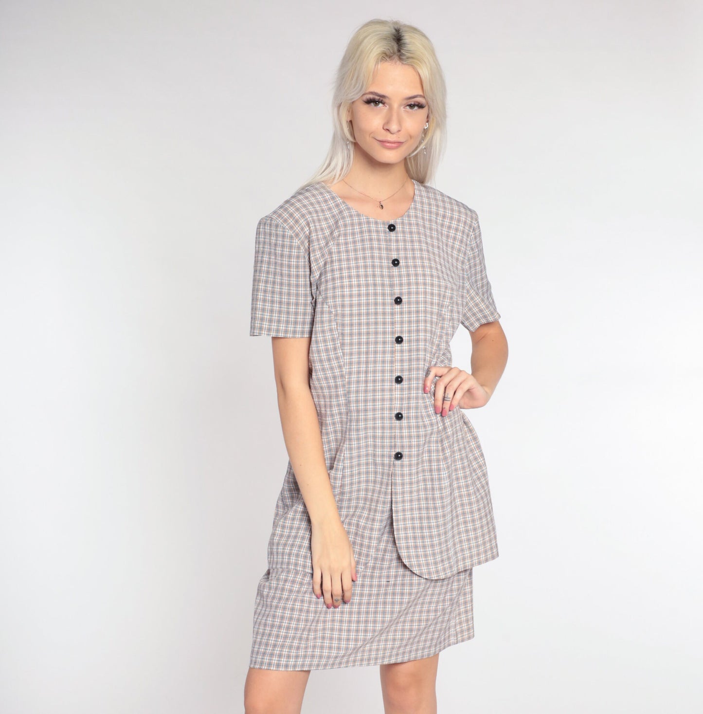 90s Plaid Mini Dress White Tan Checkered Button-Up Shift Short Sleeve Large