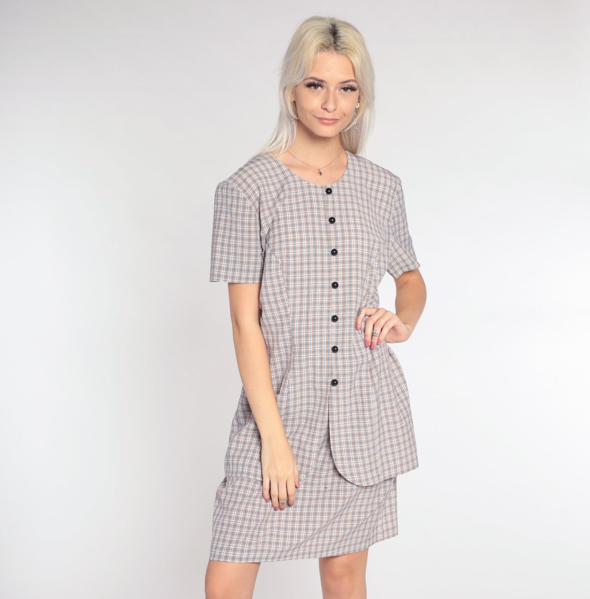 90s Plaid Mini Dress White Tan Checkered Button-Up Shift Short Sleeve Large