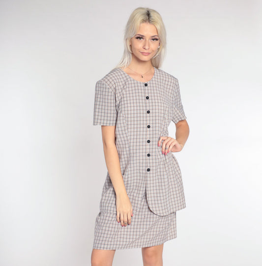 90s Plaid Mini Dress White Tan Checkered Button-Up Shift Short Sleeve Large