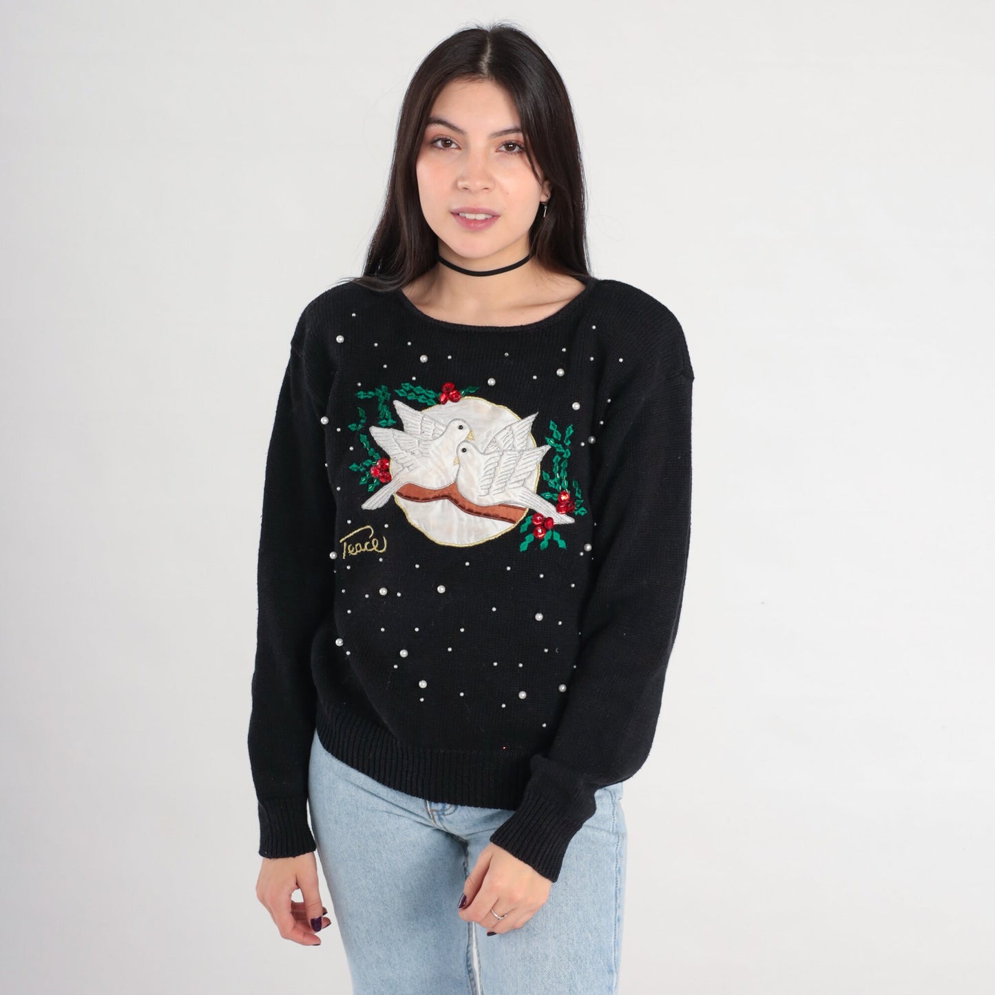Y2K Christmas Dove Sweater Black Beaded Peace Pullover Large L
