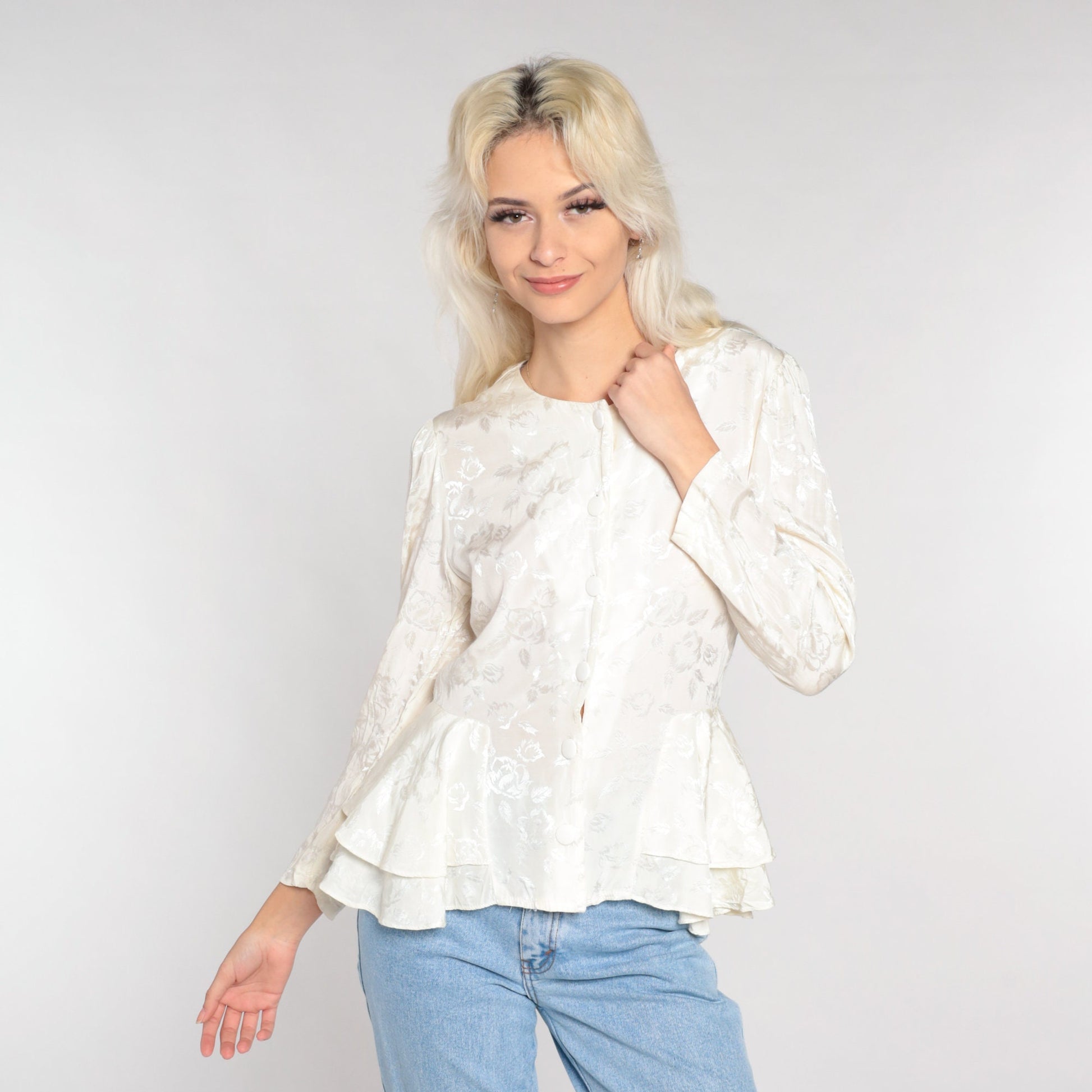 80s White Floral Embossed Peplum Blouse Puff Sleeve Button-Up Extra Small