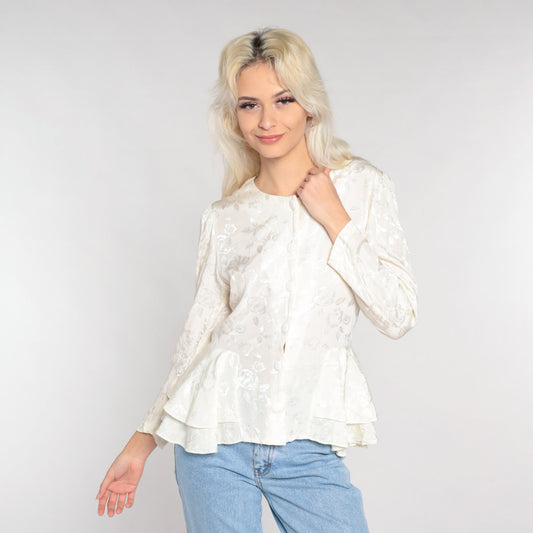 80s White Floral Embossed Peplum Blouse Puff Sleeve Button-Up Extra Small
