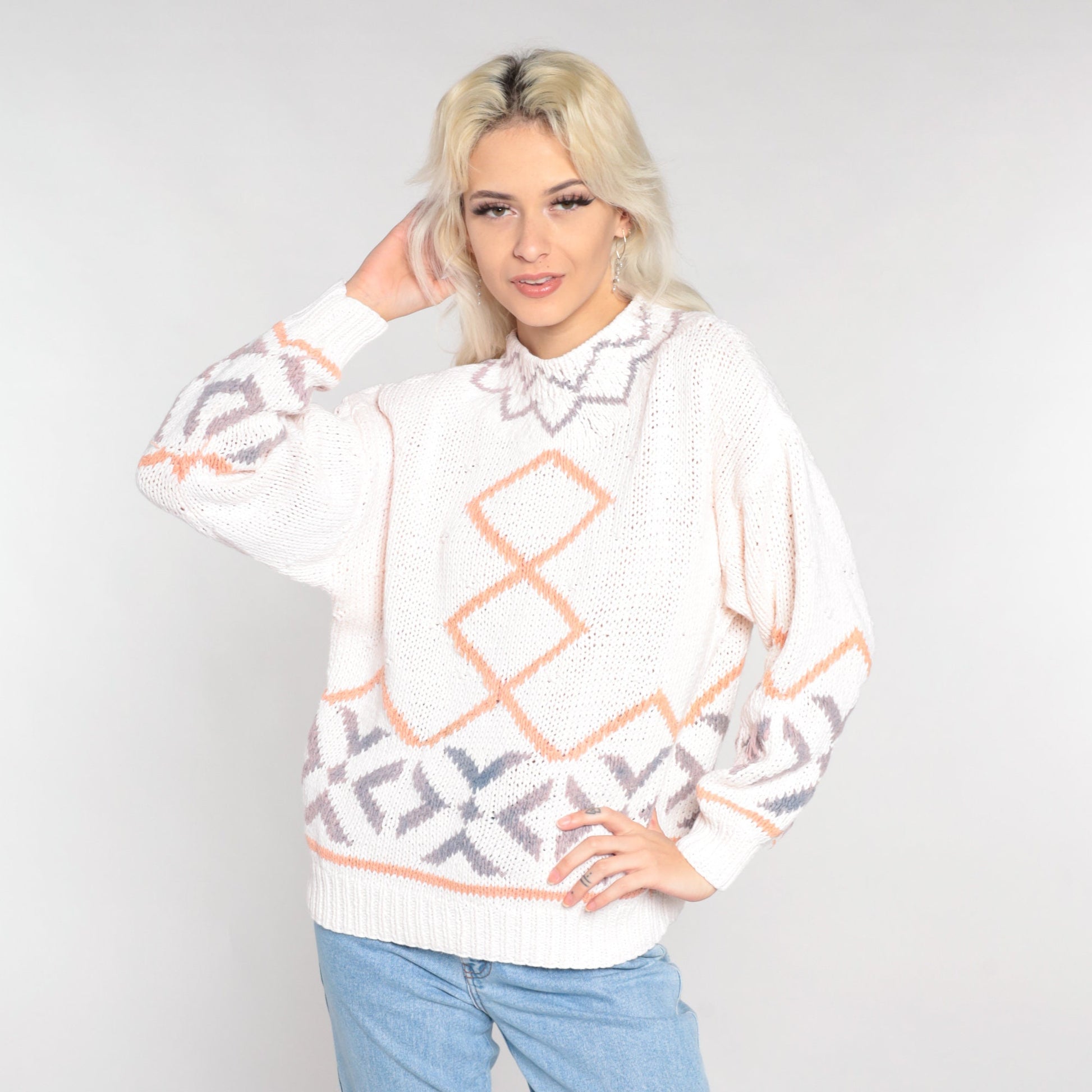 90s Diamond Geometric Knit Sweater White Cotton Ramie Pullover Medium M