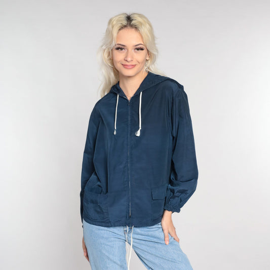 80s Navy Zip-Up Hooded Windbreaker Jacket Small S
