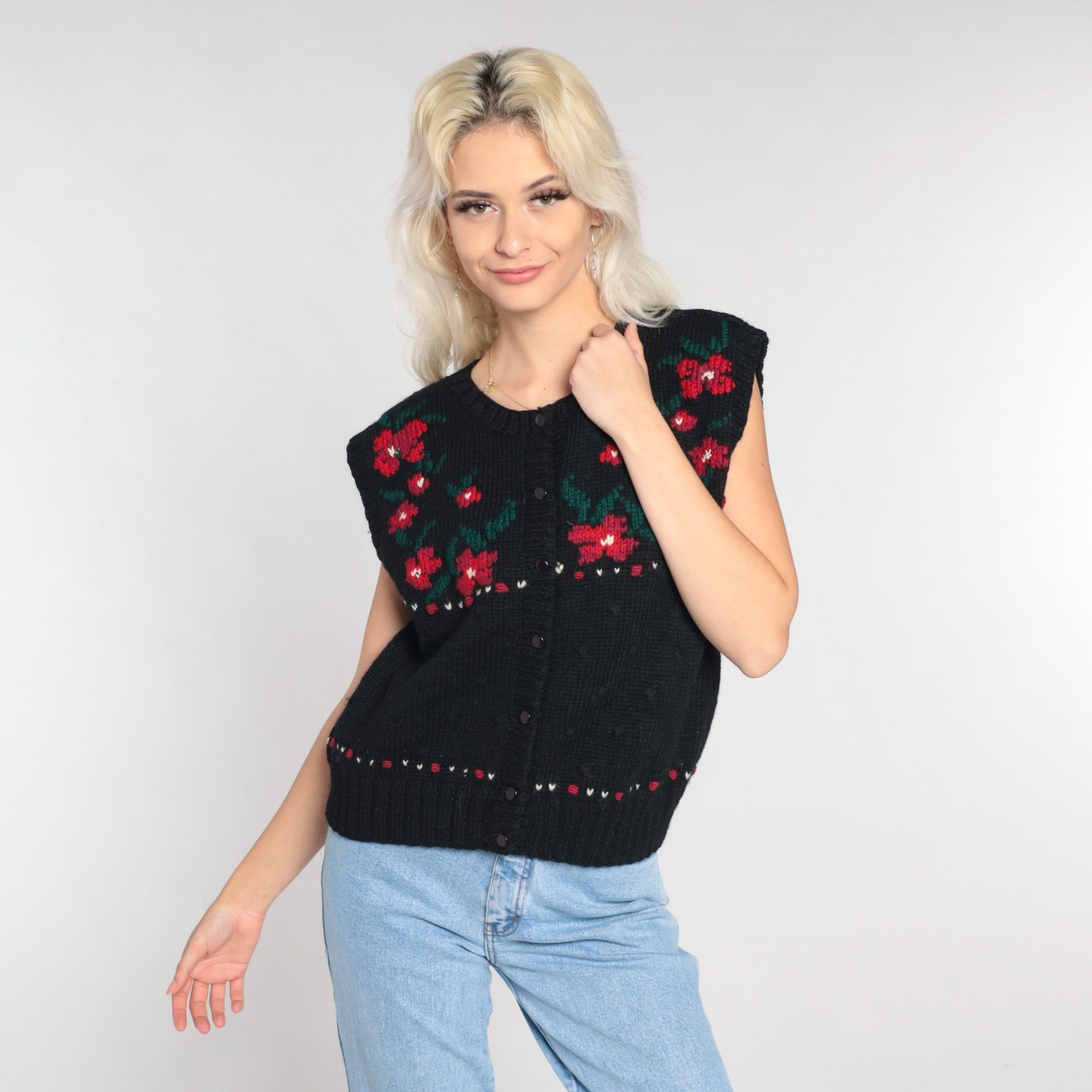 80s Black Wool Floral Button-Up Sweater Vest Red Flower Knit Large