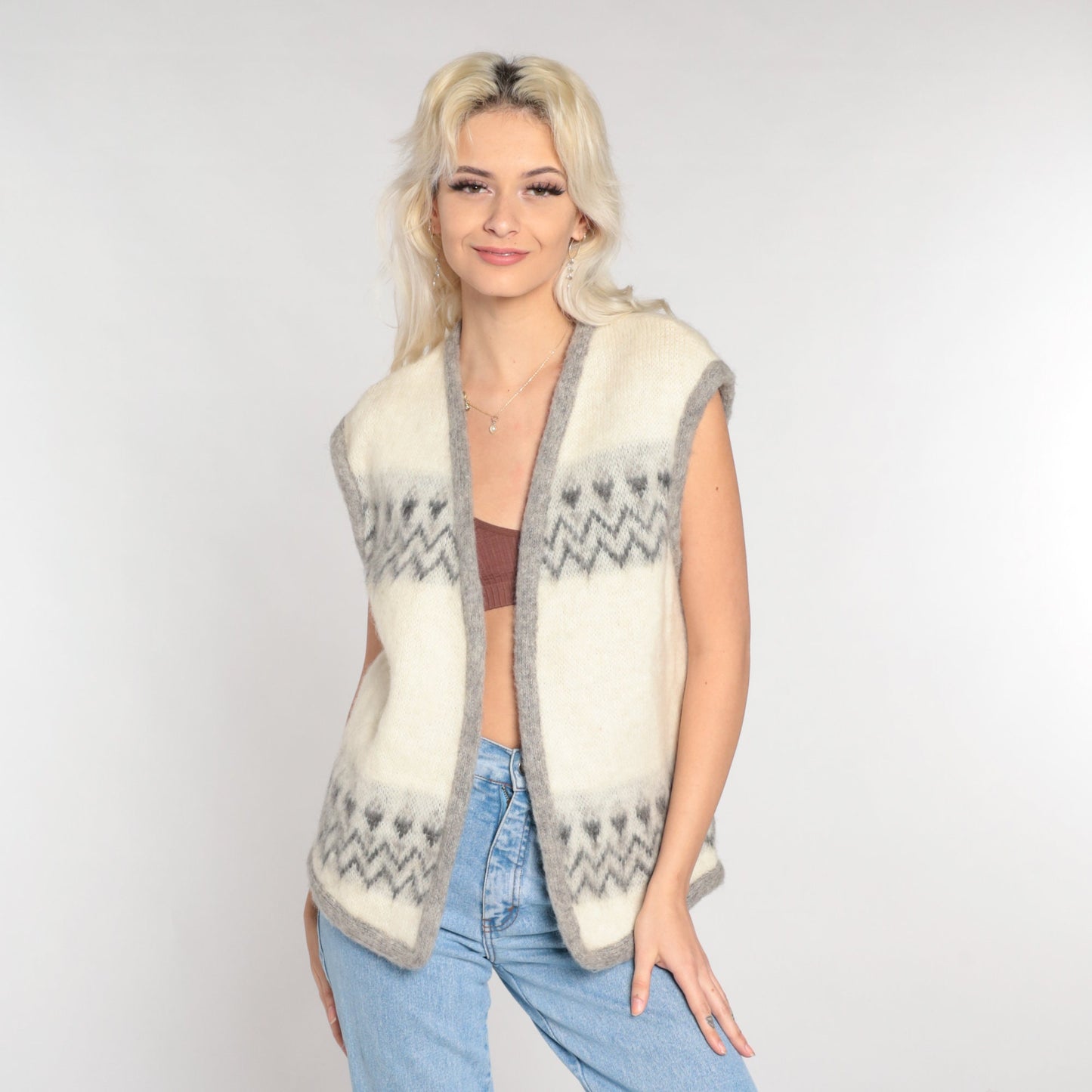 60s Wool Vest Cream Geometric Zig Zag Open Front Knit Small S