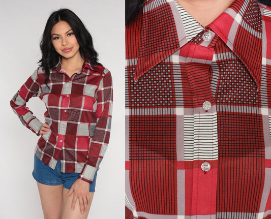 70s Red Checkered Button-Up Blouse Long Sleeve Collar Shirt Small