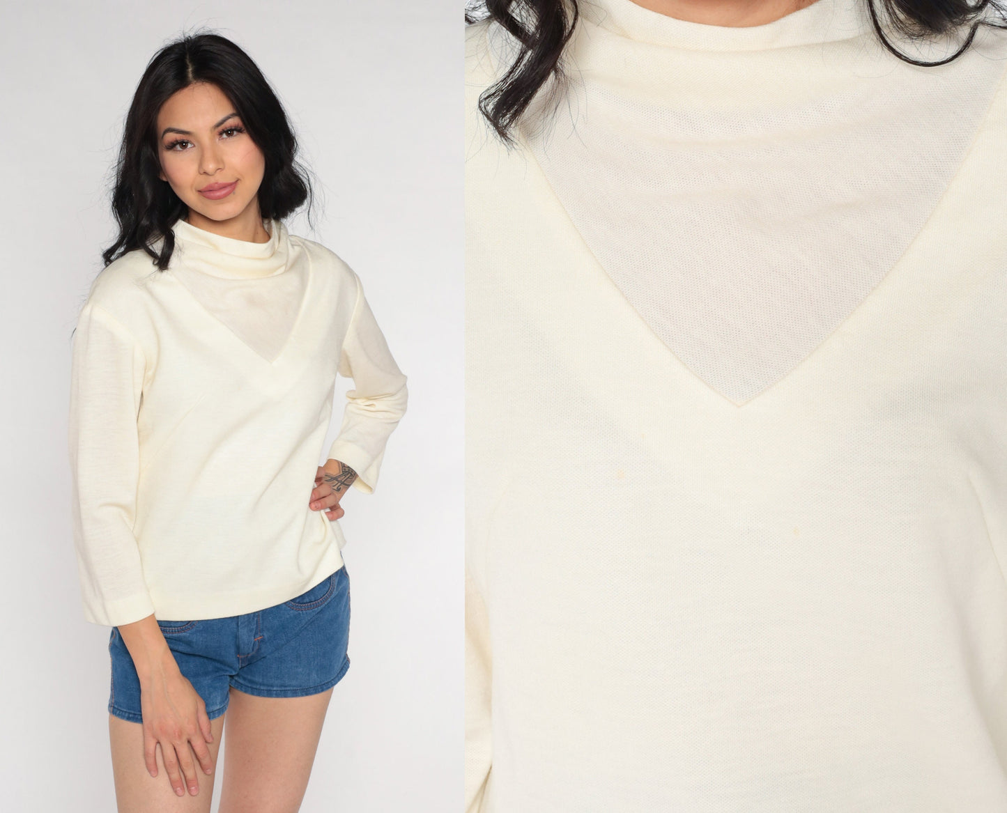 70s Off-White Mock Neck Blouse Long Sleeve Polyester Wool Blend Small S