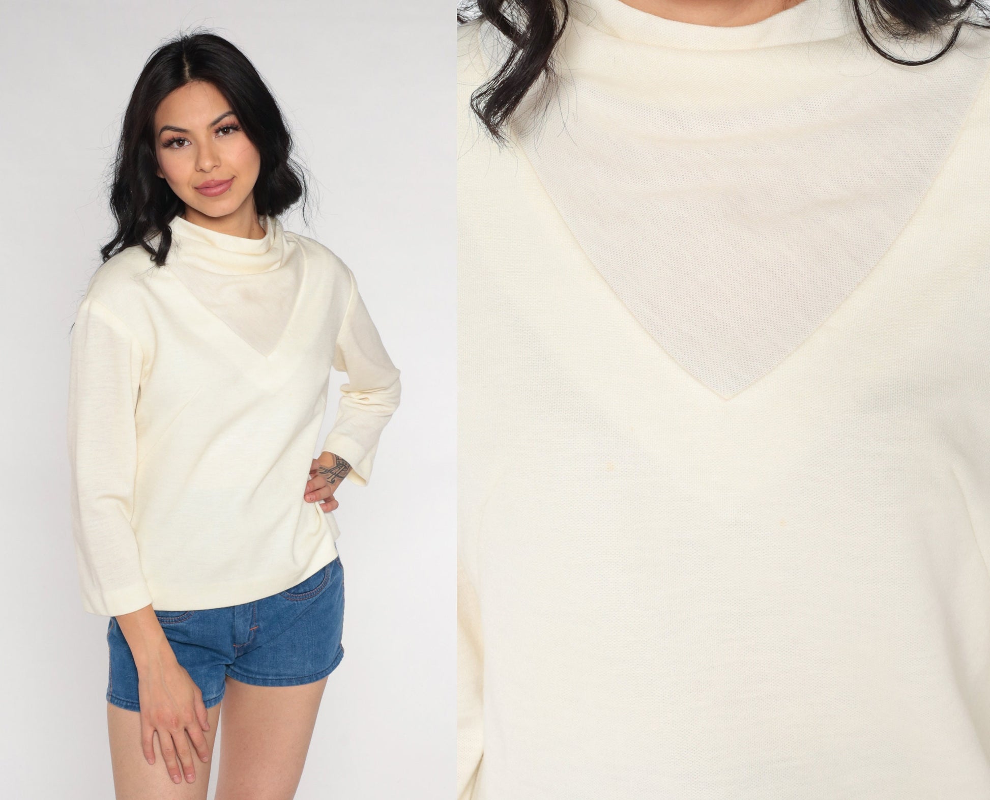 70s Off-White Mock Neck Blouse Long Sleeve Polyester Wool Blend Small S