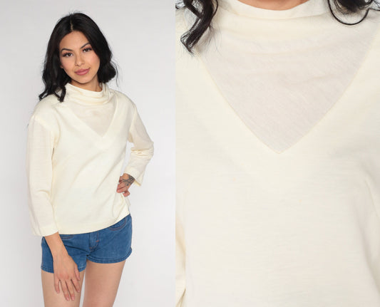 70s Off-White Mock Neck Blouse Long Sleeve Polyester Wool Blend Small S
