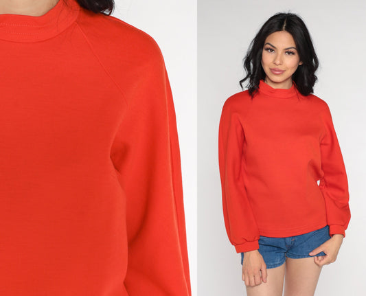 70s Red-Orange Mock Neck Raglan Sleeve Blouse Medium