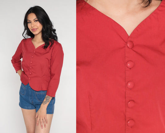 70s Red Button-Up Shirt Cotton Blend V-Neck 3/4 Sleeve Small S