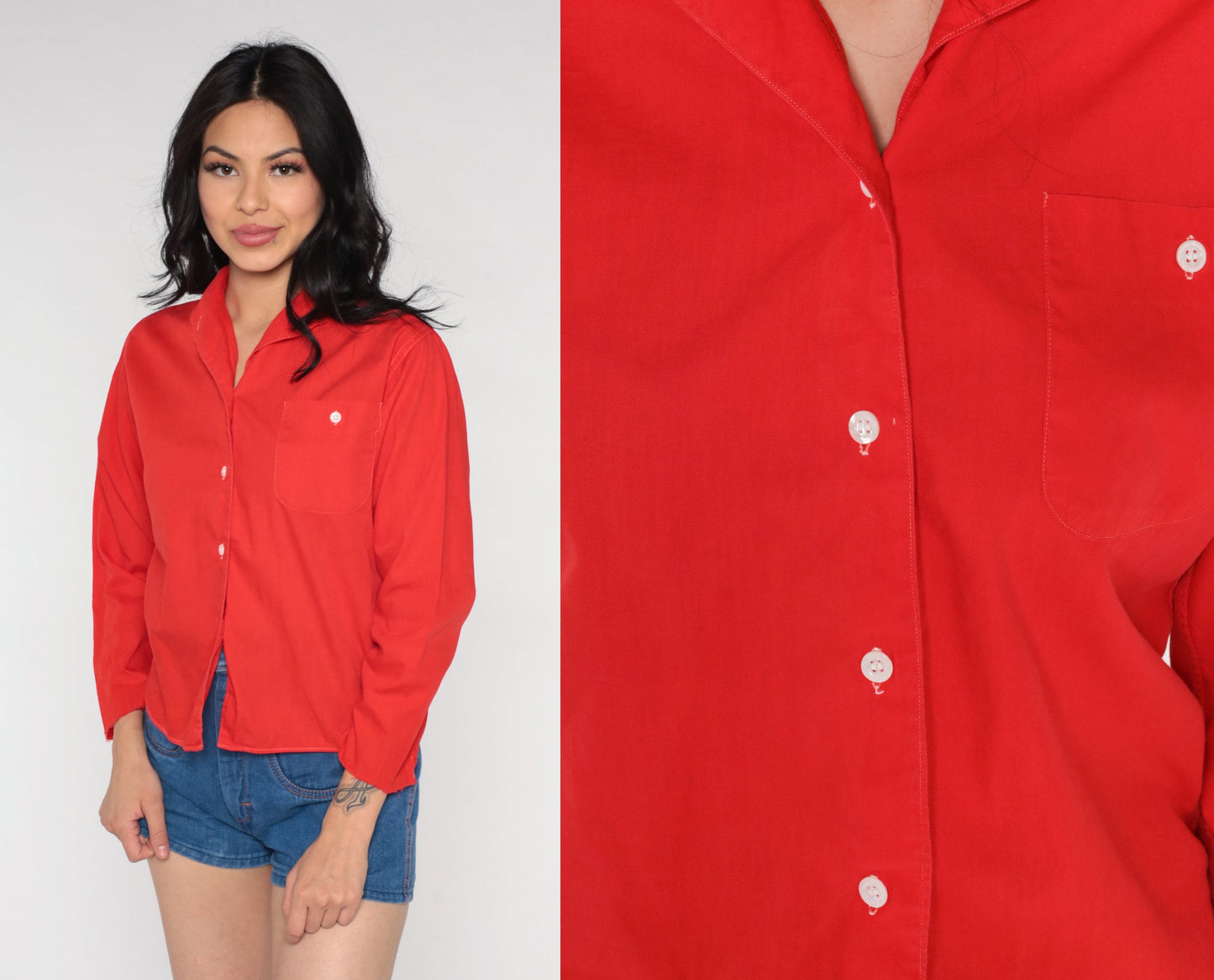 70s Red Cotton Blend Button-Up Shirt Long Sleeve Disco Blouse Small
