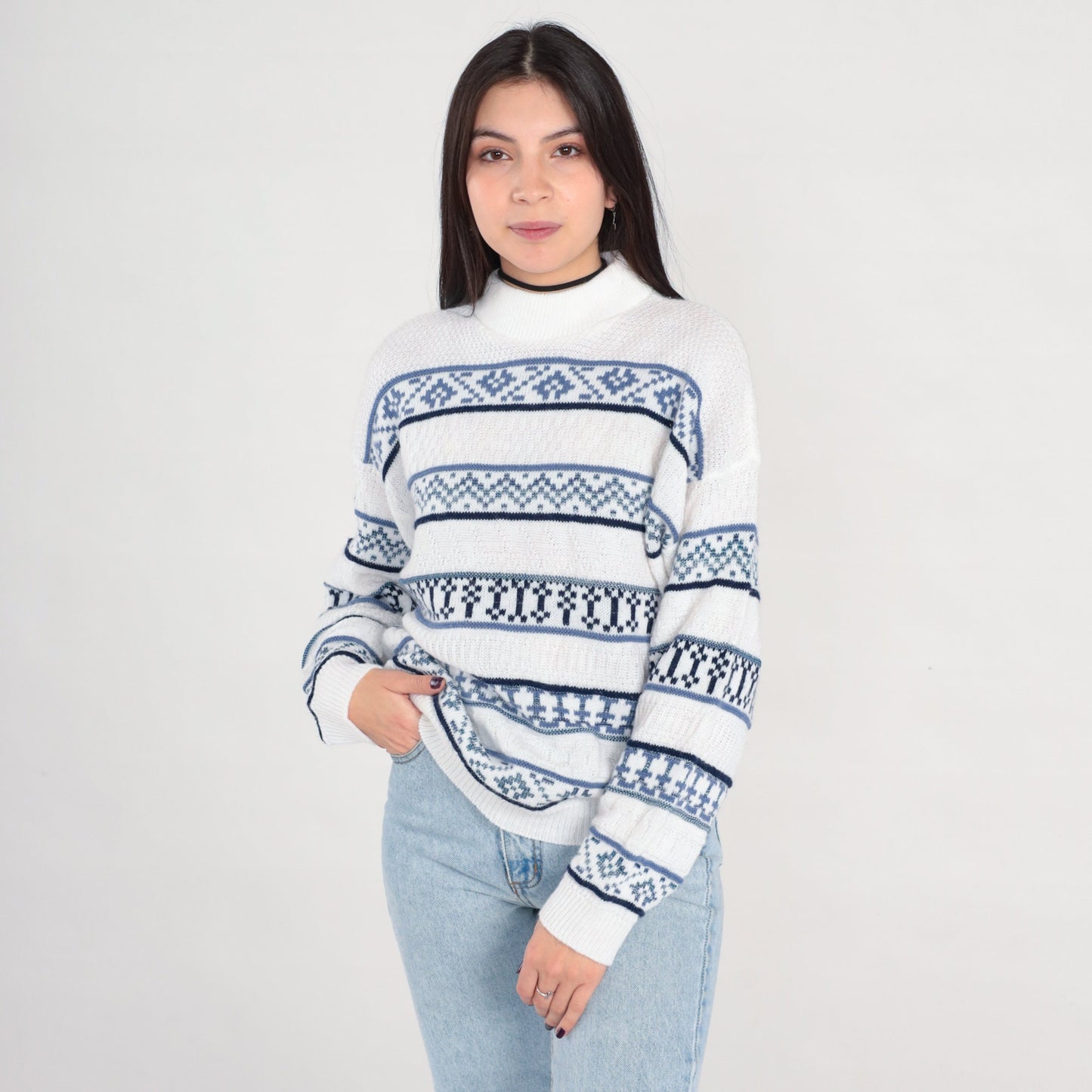 90s Striped Mock Neck Sweater White Blue Knit Pullover Medium M