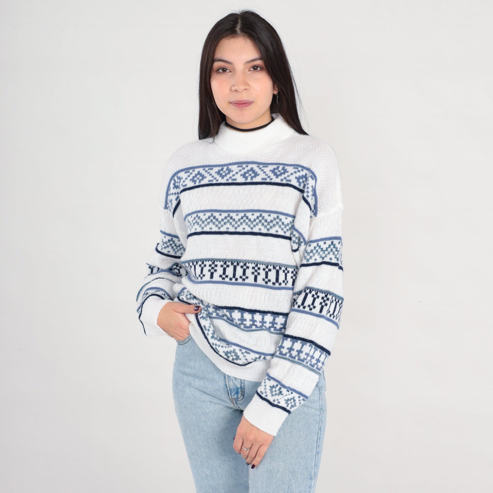 90s Striped Mock Neck Sweater White Blue Knit Pullover Medium M