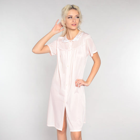 80s Pale Pink Floral Embroidered Nylon Nightgown Collared Mini Dress Medium M