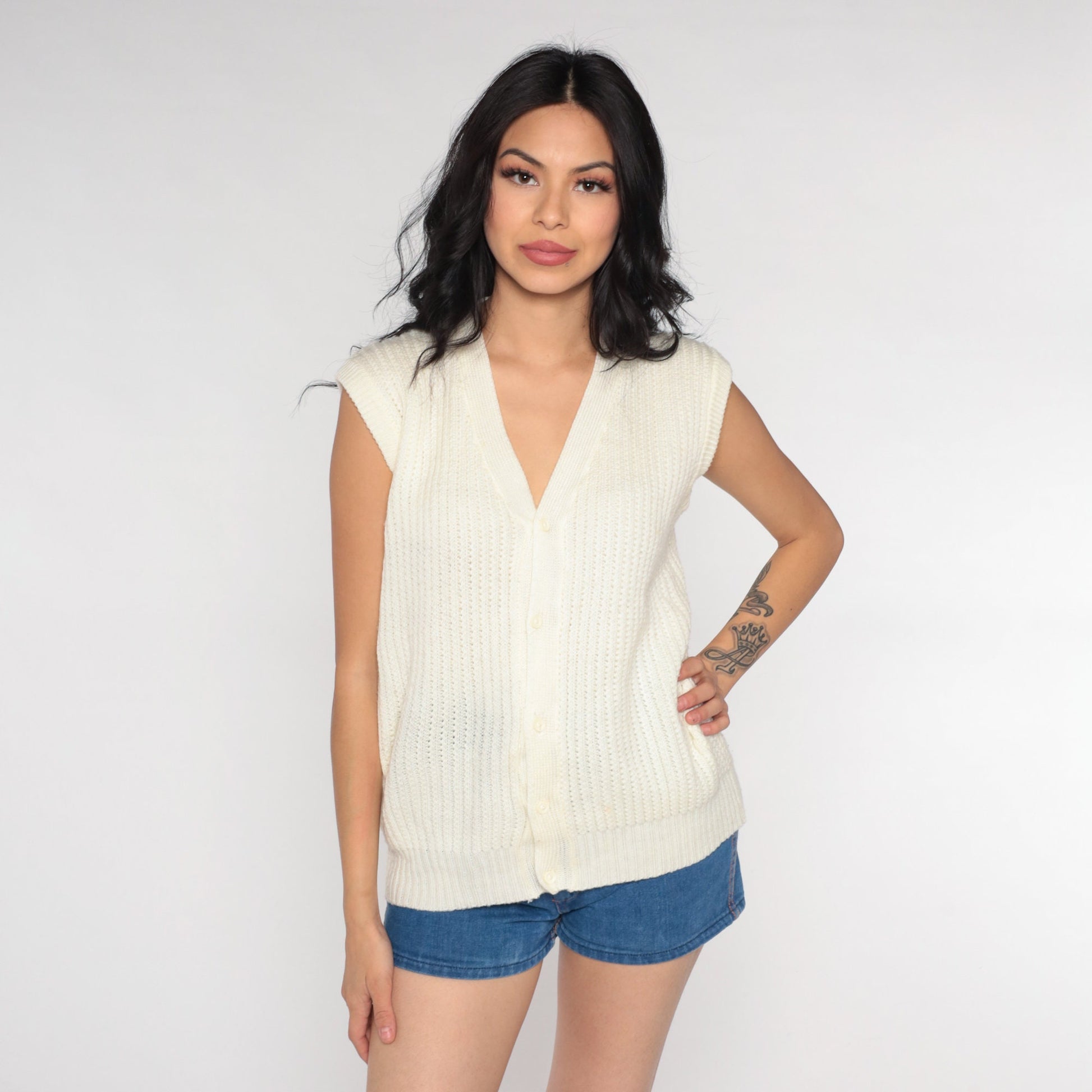 70s Cream Knit Vest Cap Sleeve Button-Up Sweater Tank Small S