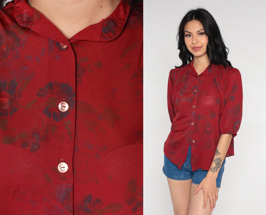 70s Red Floral Puff Sleeve Button-Up Blouse Semi-Sheer Collared Medium Large
