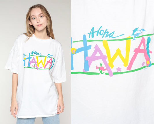 90s Hawaii Aloha Graphic T-Shirt Dolphins Tropical Fish Stars White XL