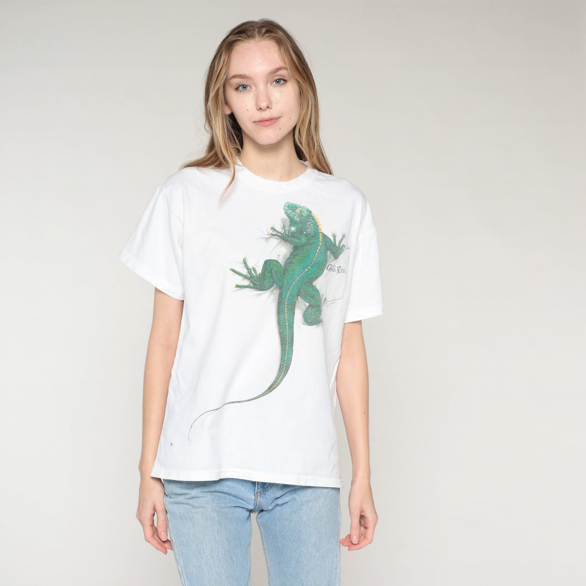 Y2K Costa Rica Iguana Graphic T-Shirt White Cotton Tee Medium