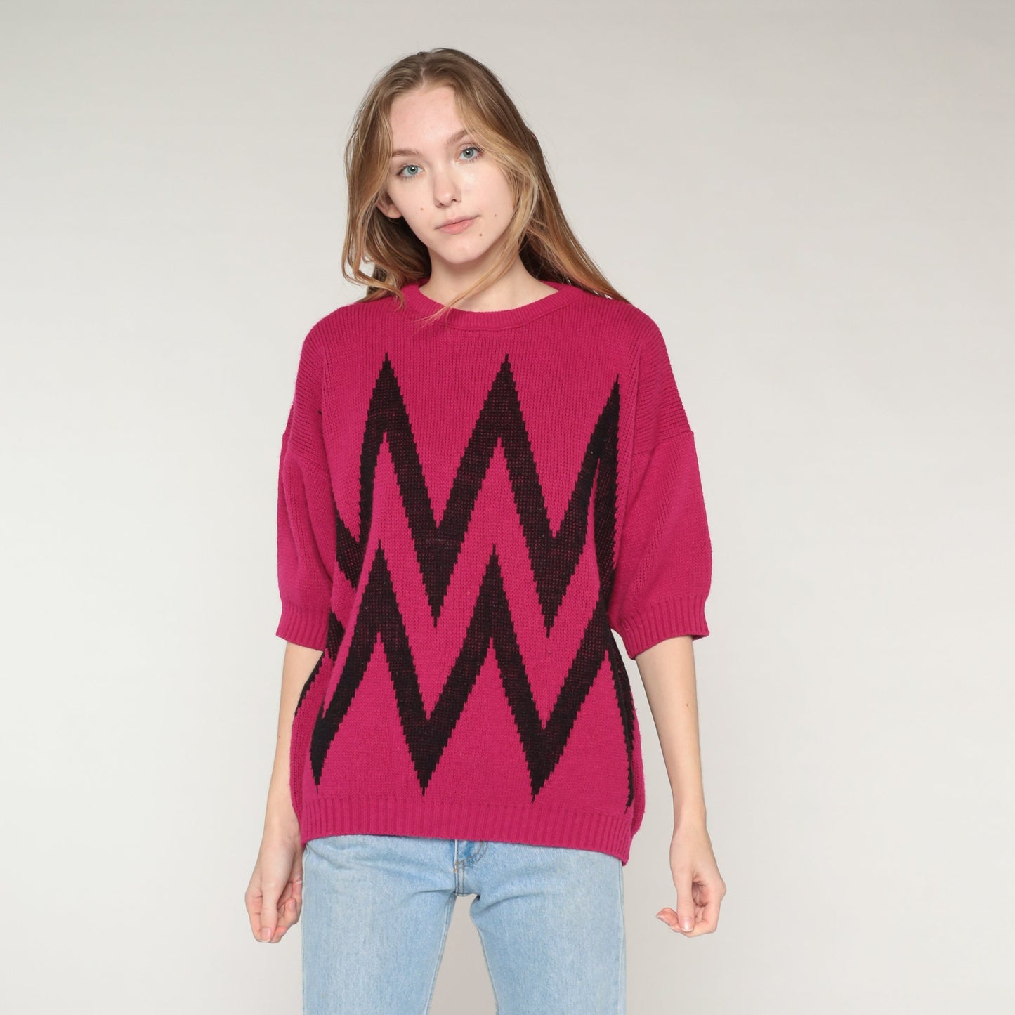 90s Magenta Striped Knit Sweater Short Sleeve Black Chevron Large L
