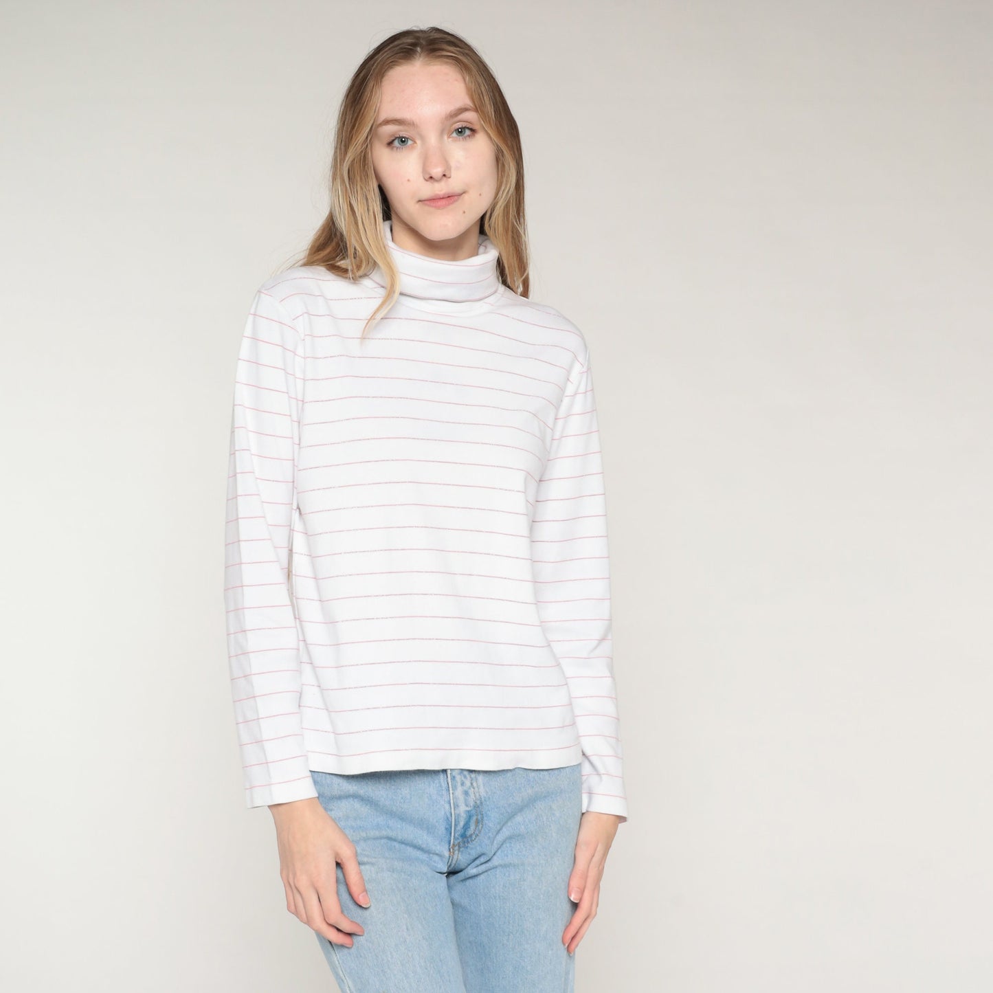 90s Striped Turtleneck Long Sleeve Shirt White Pink Metallic Medium M