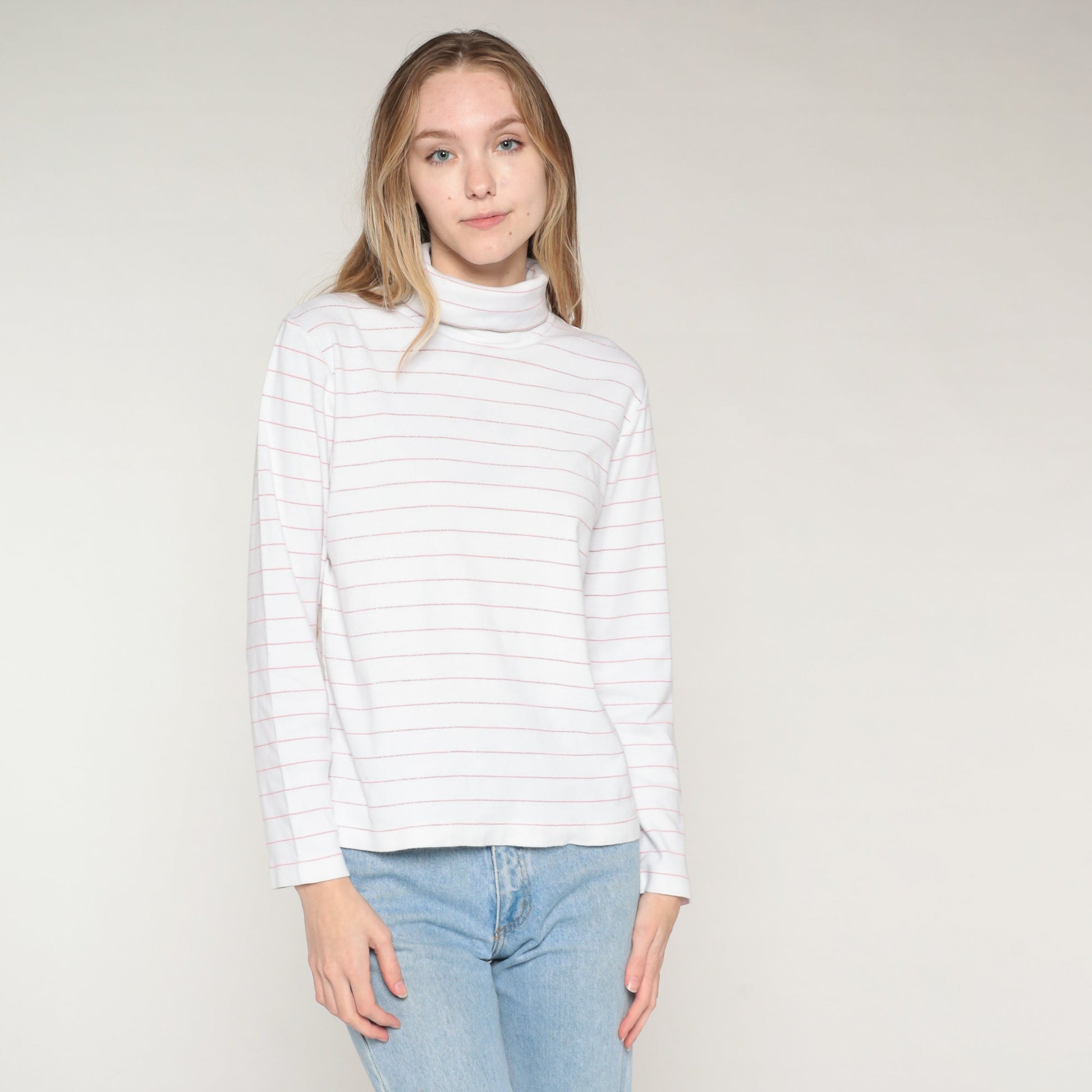 90s Striped Turtleneck Long Sleeve Shirt White Pink Metallic Medium M