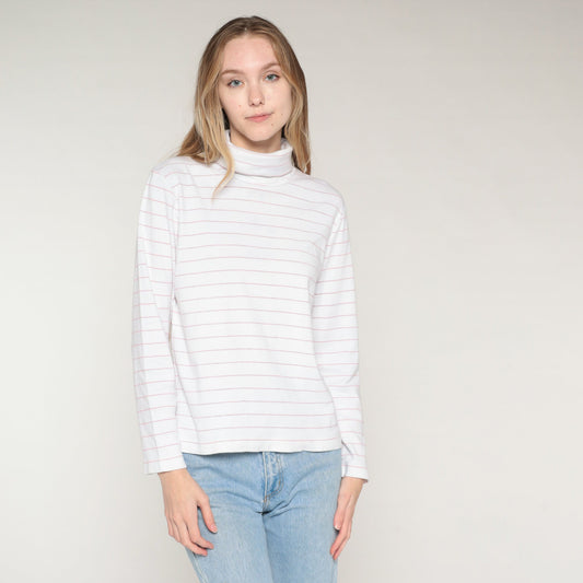 90s Striped Turtleneck Long Sleeve Shirt White Pink Metallic Medium M