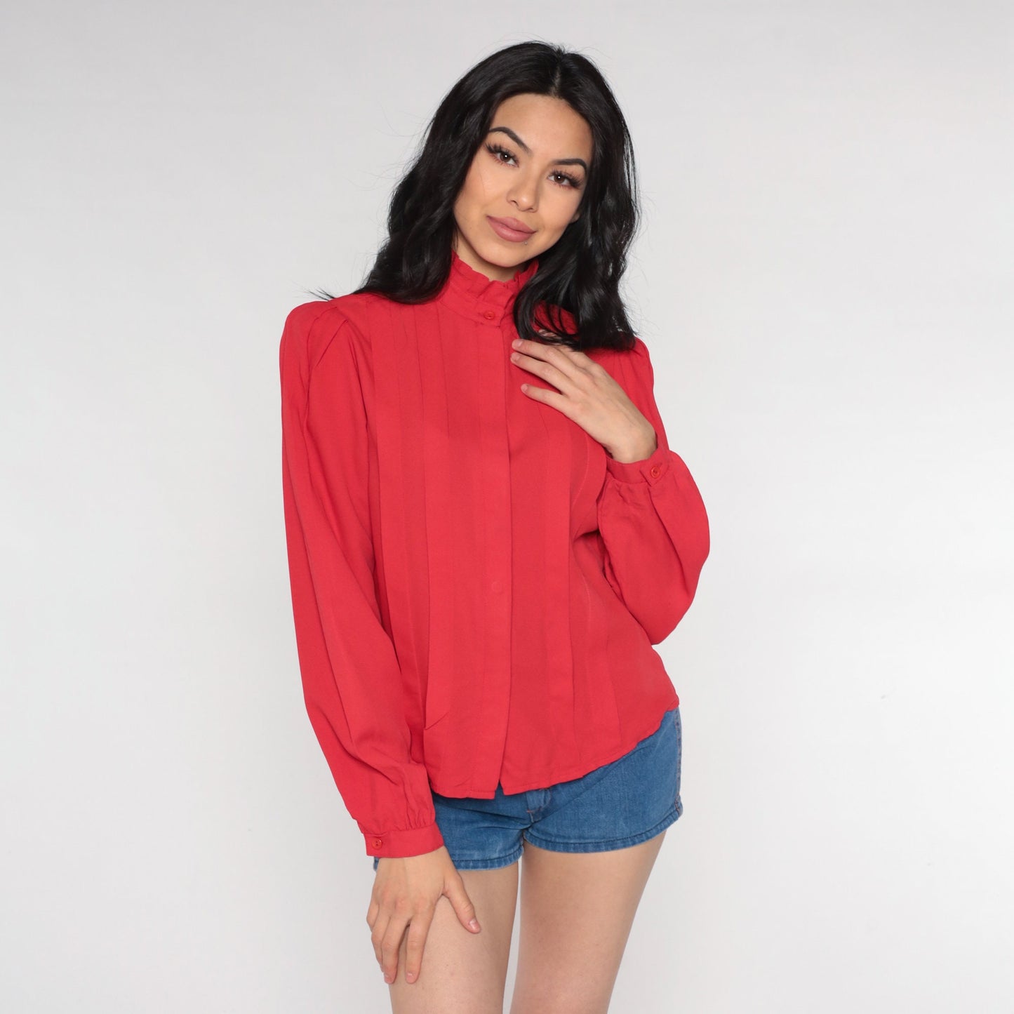 80s Red Puff Sleeve Blouse High Ruffled Neck Pleated Secretary Top Medium