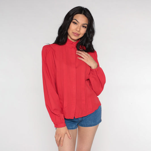 80s Red Puff Sleeve Blouse High Ruffled Neck Pleated Secretary Top Medium