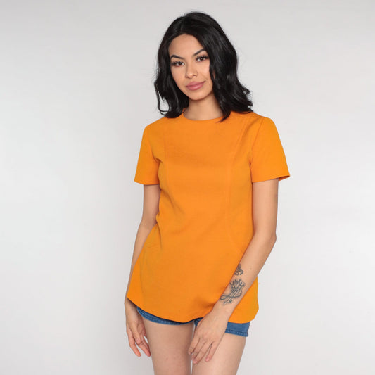 70s Orange Short Sleeve Shirt Rear Zipper Blouse Small