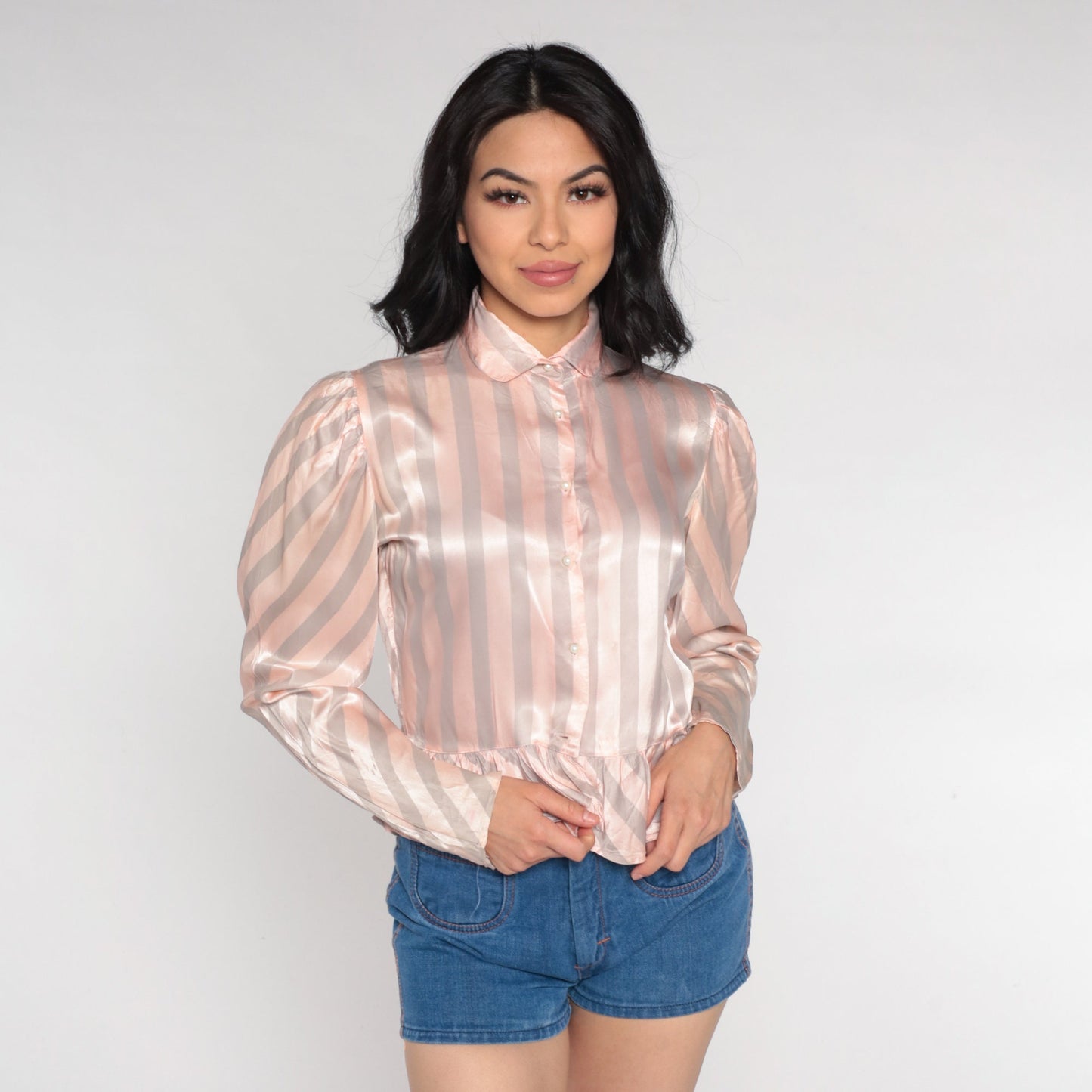 80s Striped Peplum Blouse Pink Grey Puff Sleeve Acetate Extra Small XS