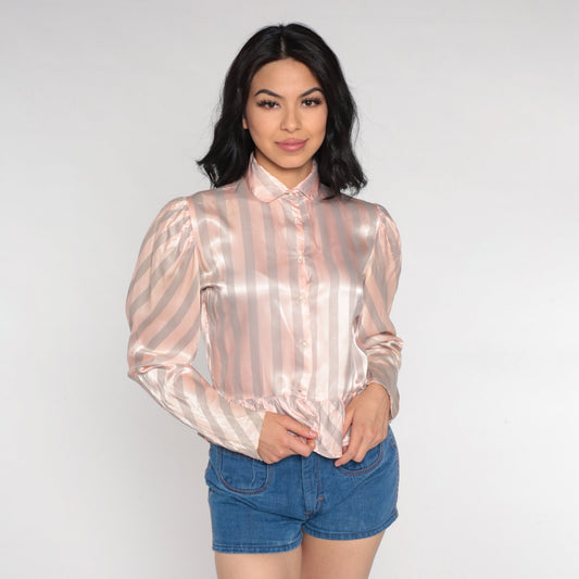 80s Striped Peplum Blouse Pink Grey Puff Sleeve Acetate Extra Small XS