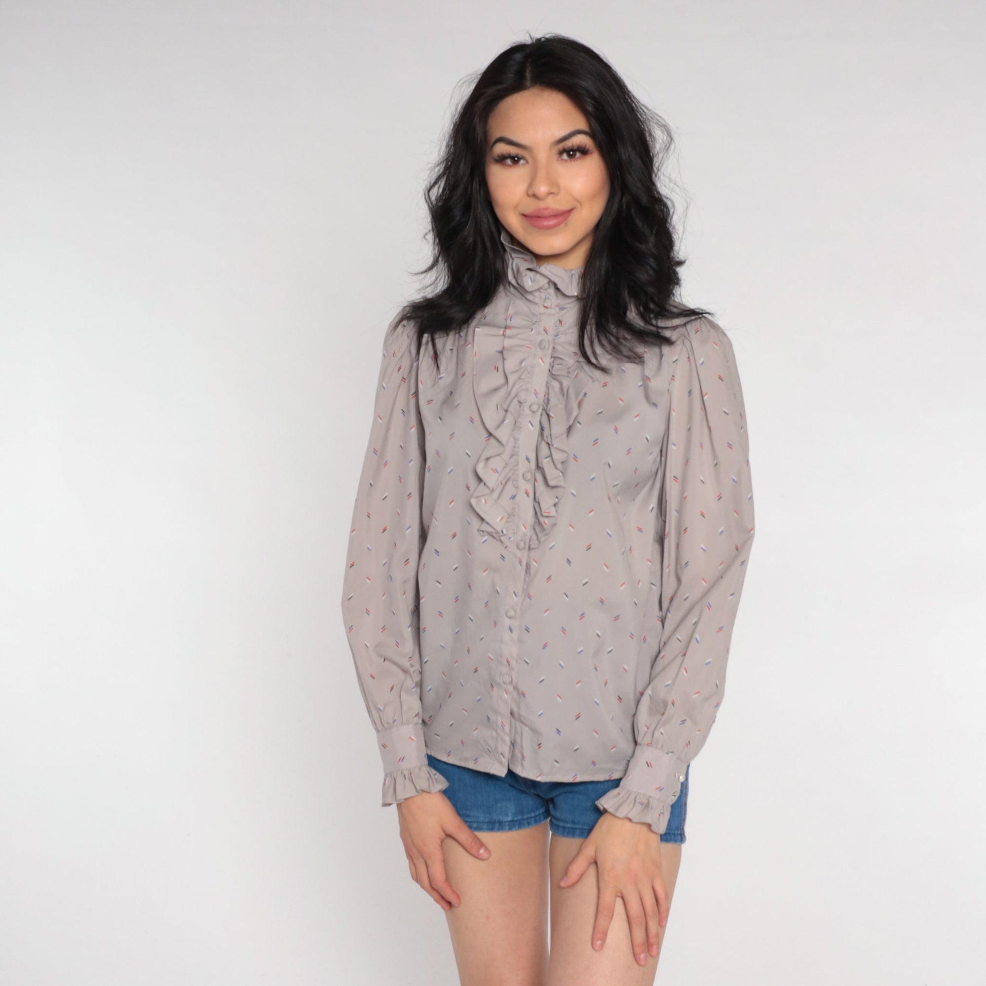 80s Grey Ruffle Neck Puff Sleeve Button-Up Blouse Confetti Stripe Small