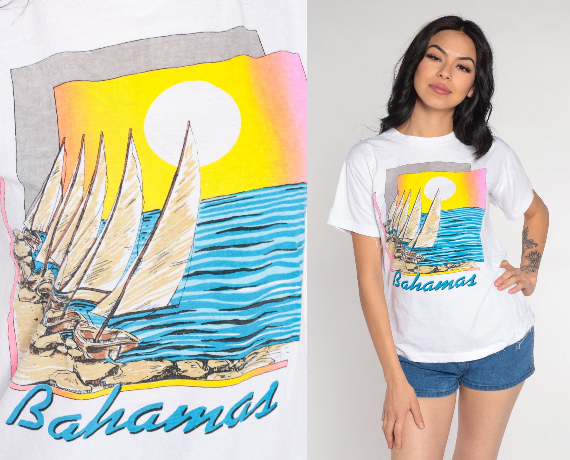 90s Bahamas Sailboat Graphic T-Shirt White Vintage Tee Small